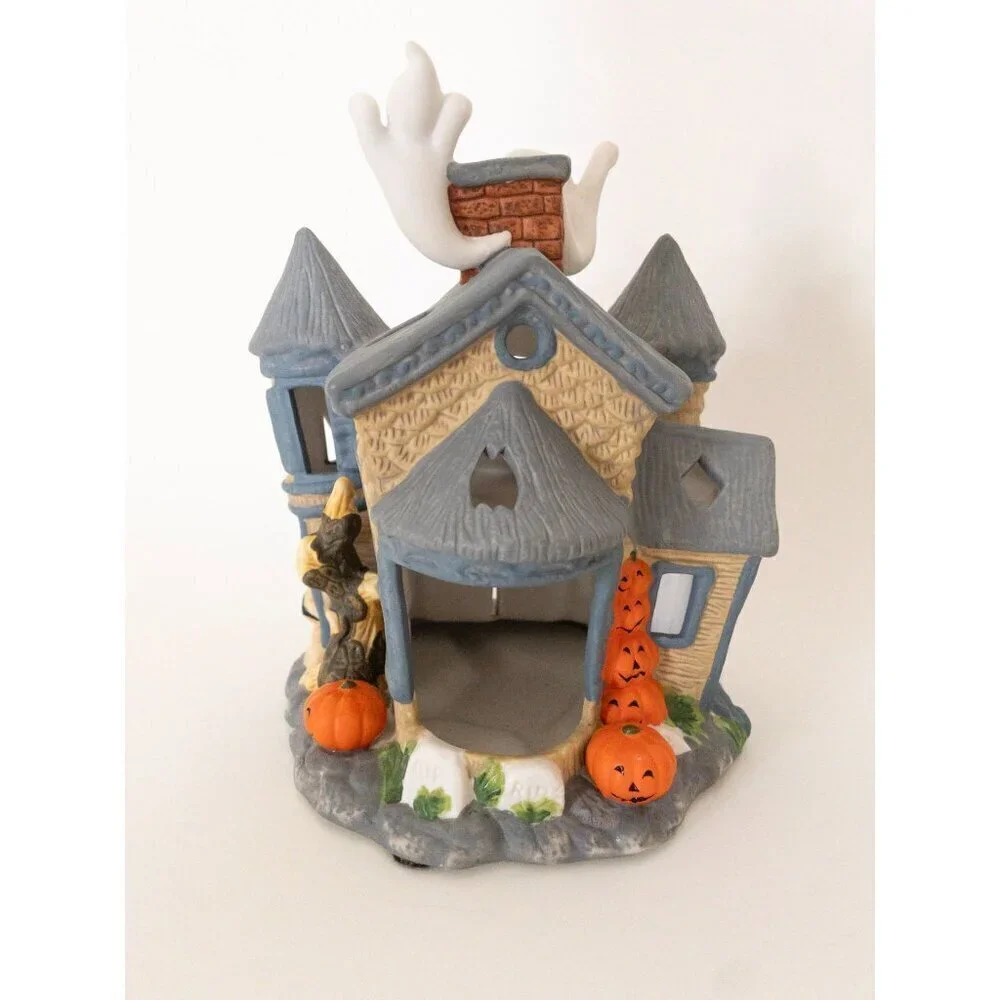 Ceramic Haunted House With Ghosts Halloween Decoration By PartyLite Tealight - Picture 8 of 11